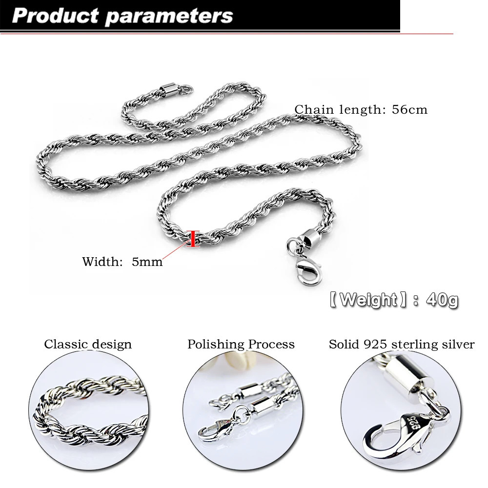 Classic 925 Sterling Silver Hand Woven Chain Necklace Female Punk Silver Choker Twists Chain Necklace Cool Jewelry For Men Women 250702