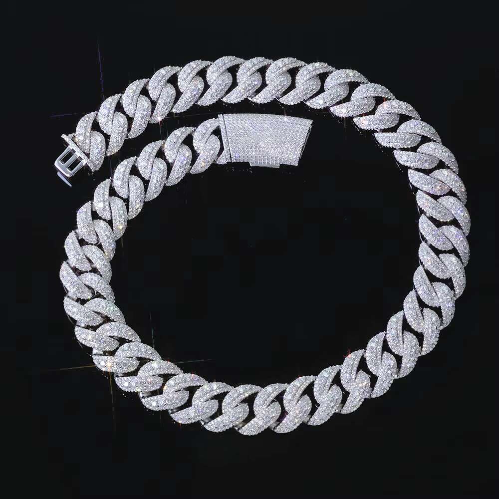 NUOYA Luxury 925 Silver Cuban Chain Necklace Women 22mm Three Row Iced Out VVS Moissanite Hip Hop Cuban Chain Jewelry Gift