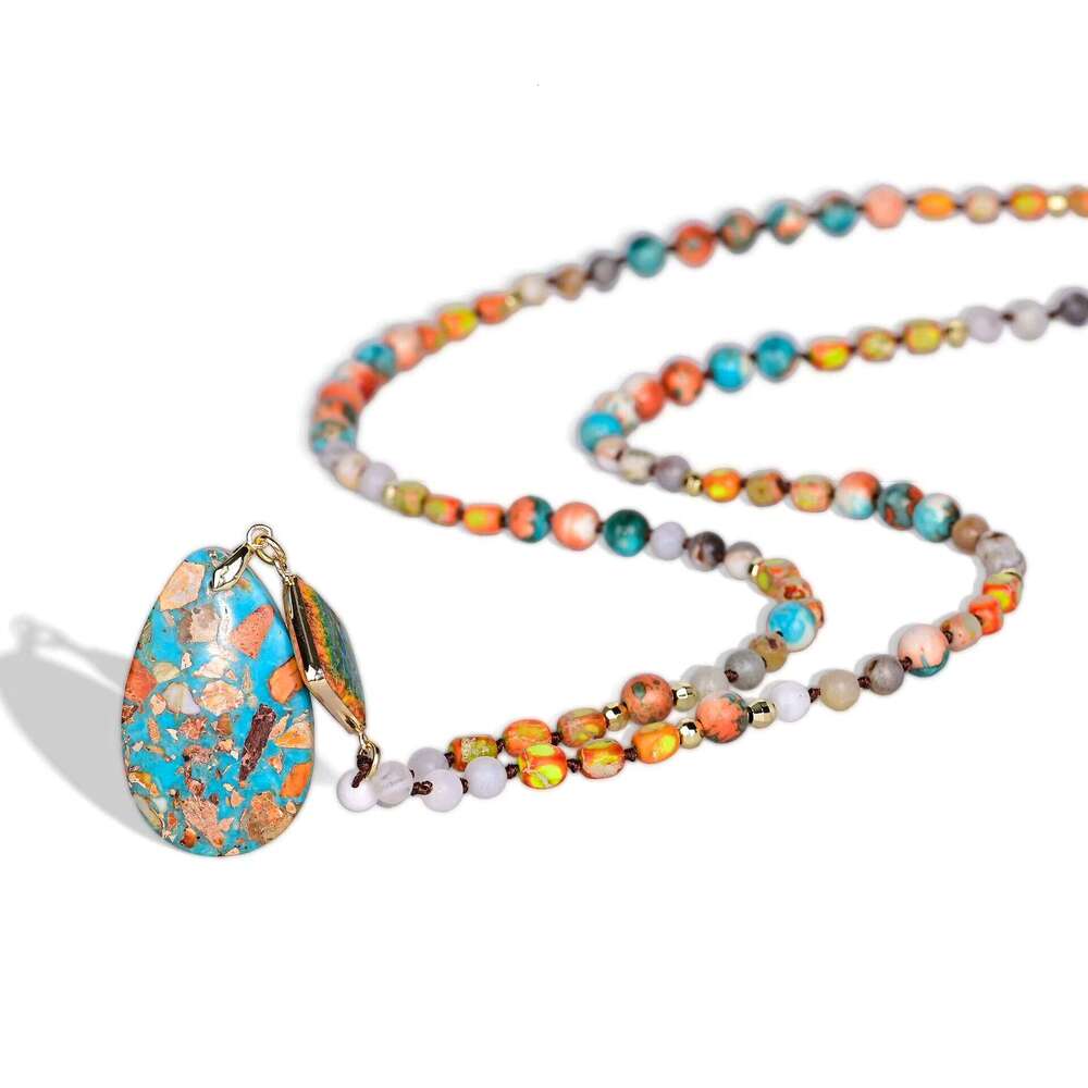 Bohemian Style Imperial Jasper Beaded with Teardrop Pendant Handmade Jewelry Necklace