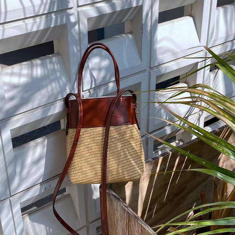 Elegant Rustic Boho Chic Rattan Fabric Tote w/Long Handles Perfect For Day Trips
