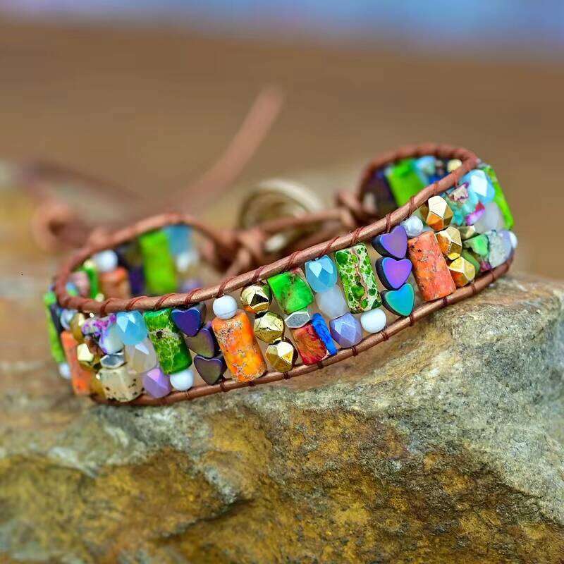 Women's Bohemian Heart Shape Hematite Imperial Natural Stone Single Leather Bag Bracelet