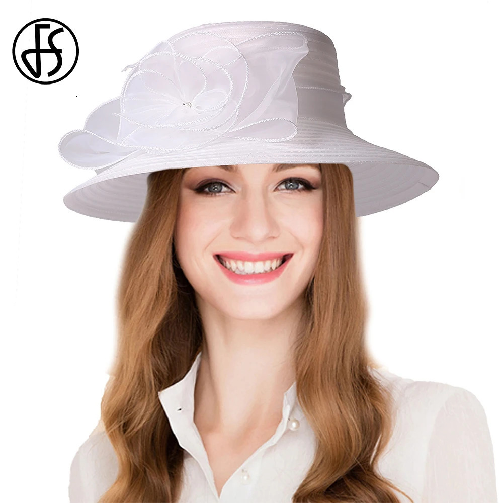 FS Summer Wide Brim Church Hats Red White Flower Fascinators Hat For Women Elegant Outdoor Sunshade Wedding Cap Sombrero 250707
