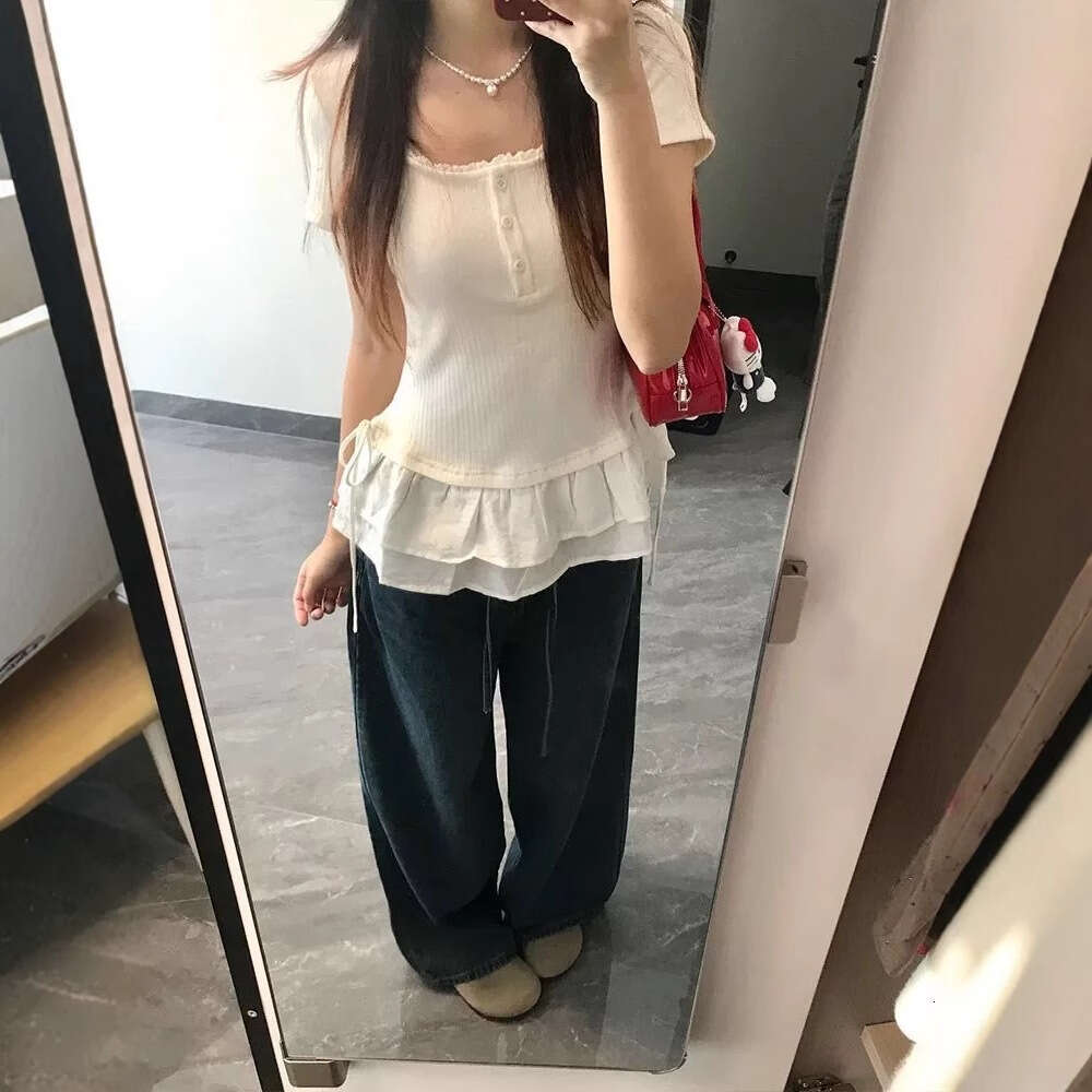 Lace Trim U-Neck Regular Shoulder Short Sleeve T-Shirt For Women Summer New Design Slim Fit Sweet Style Trendy Top B5