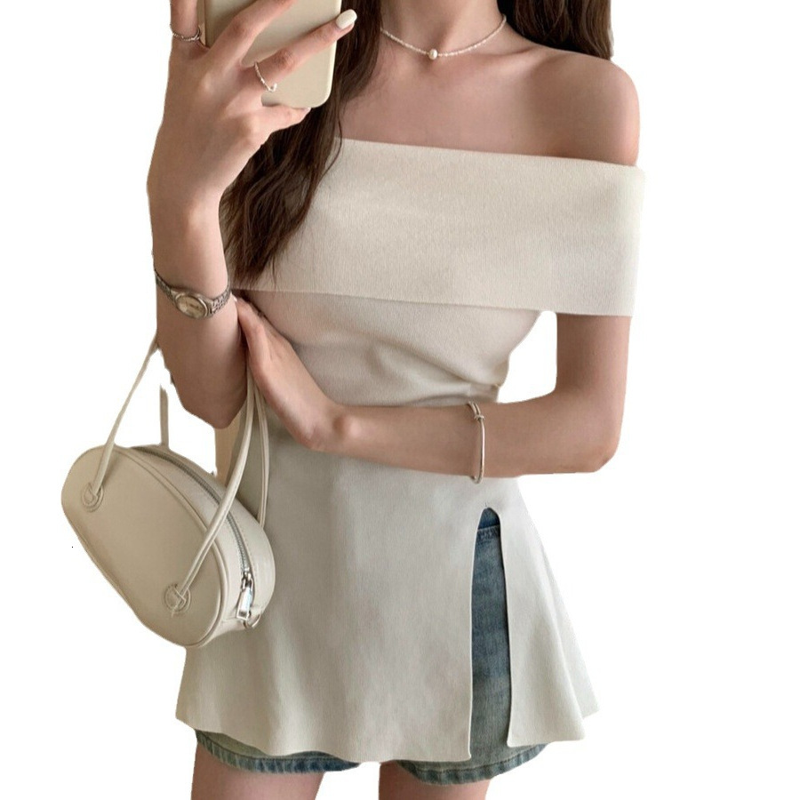 2025 Summer new women's T-shirt Summer new Korean style pure desire split shoulder waist knit top New designer T-shirt Irregular women's sho