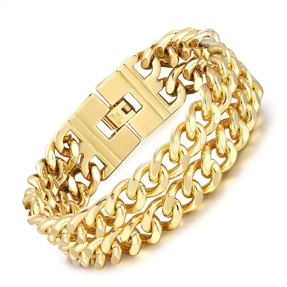 Punk Stainless Steel Double Curb Cuban Link Bracelet For Men 24mm Thick Gold Color Chain Hip Hop Jewelry Mens Gift 250707