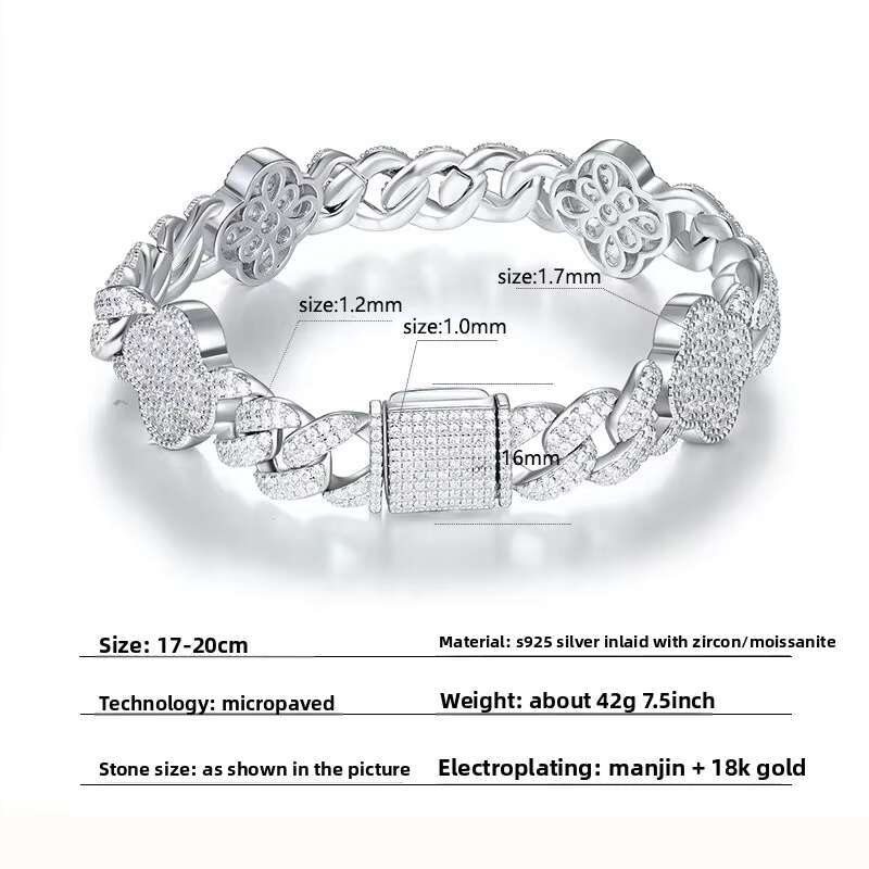 Mens 925 Silver 8MM Moissanite Double Row Cuban Link Bracelet Hip-Hop Style with Inlaid Stones Fashionable Bangles