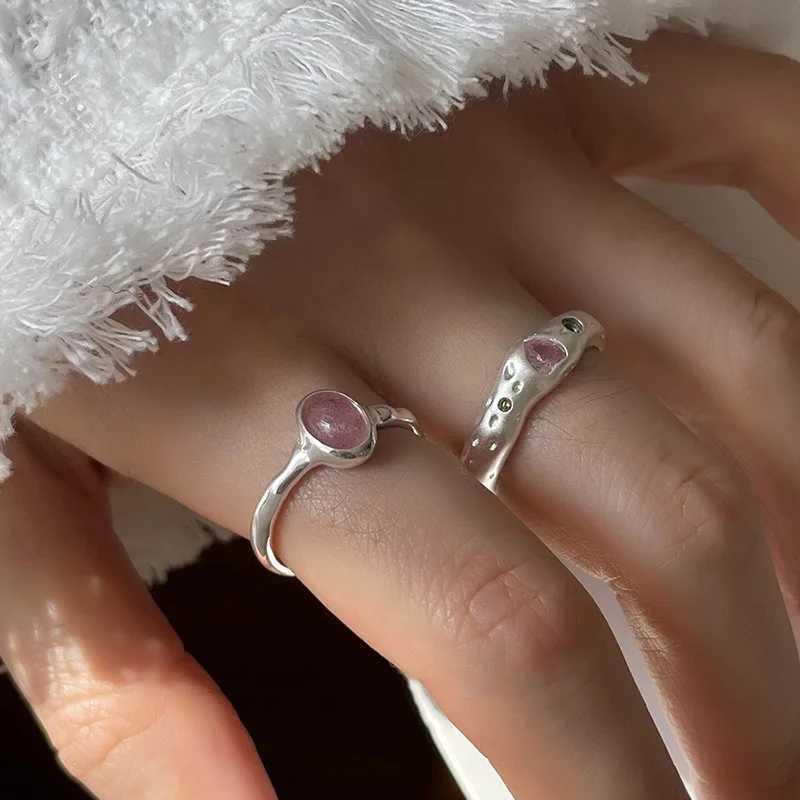 925 Sterling Silver Simple Retro Pink Stone Rings For Women Geometric Fashion Simple Open Handmade Allergy Party Jewelry Gift XJ250707