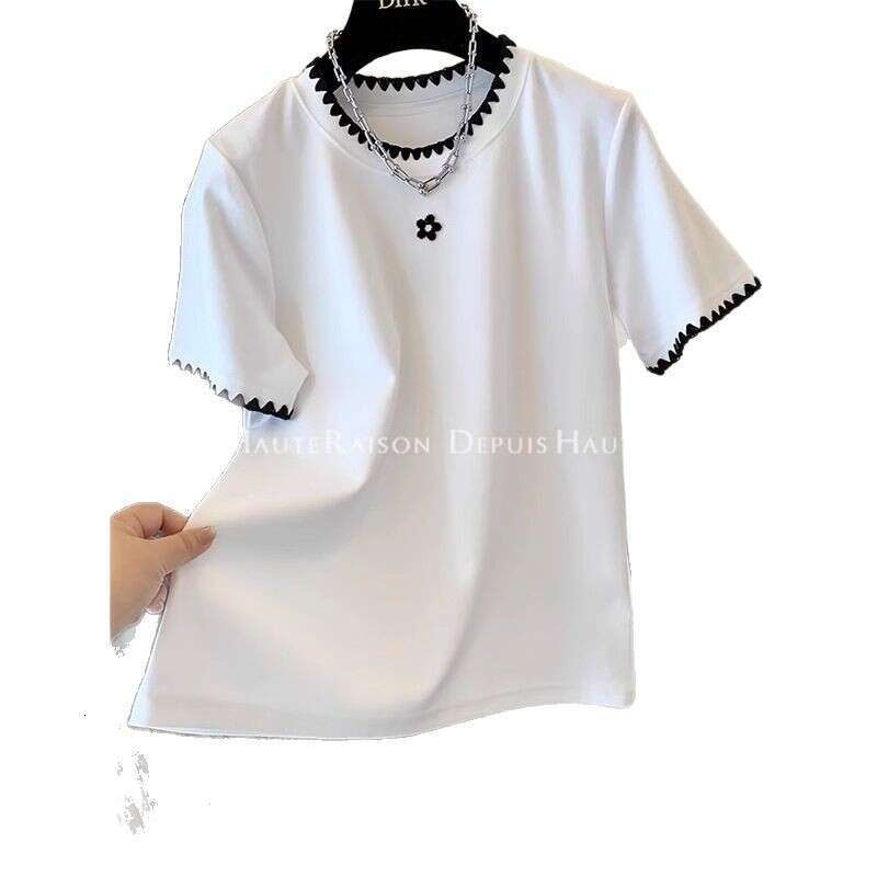 Korean Style Embroidered White Short T-Shirt For Women Summer Regular Shoulder Half Sleeve Slimming Belly Covering Top Trendy Pure Cotton B5
