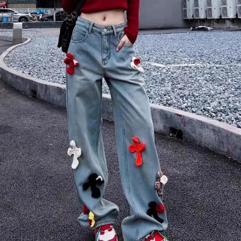 Womens Y2k Cross Print Straight Jeans Retro High Waist Denim Pant Casual Oversized Baggy Trousers High Street Plush Pants 250707