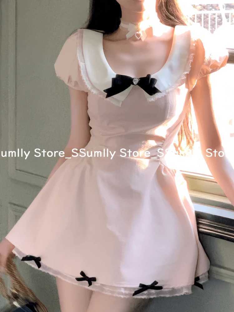 French Sweet Design One Piece Dress Women Slim Fit Waist Bow A-Line Dresses Yellow Square Neck Elegant Lady Party Dress 2025 New R250708