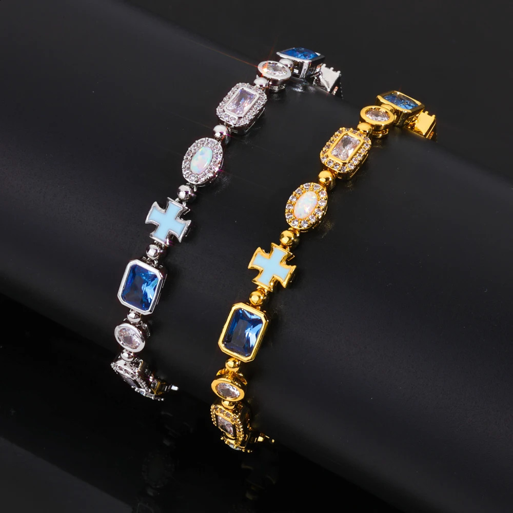 Custom n Street Hip Hop Jewelry Multi Color Gemstone Enamel Tennis Bracelet Iced Out Motif Cross 250707