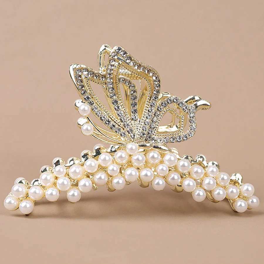 Fashionable pearl crystal butterfly clip womens high-end personalized shark clip large-size hair volume and hair accessories Z250707