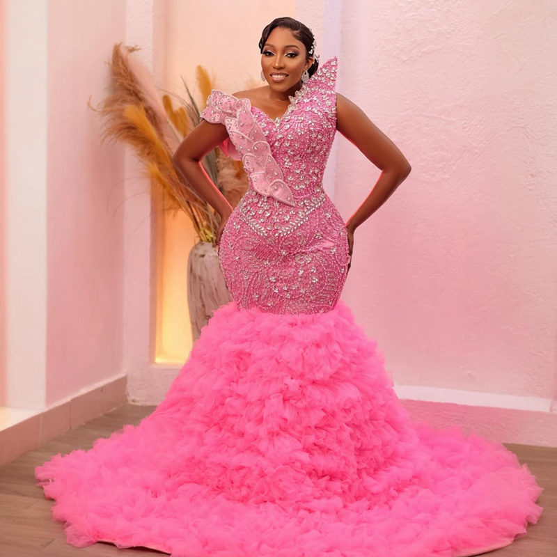 2025 African Plus Size Pink Aso Ebi Prom Dress African Mermaid Prom Dresses Evening Formal Gowns One Shoulder Beaded Lace Birthday Dress Second Recept
