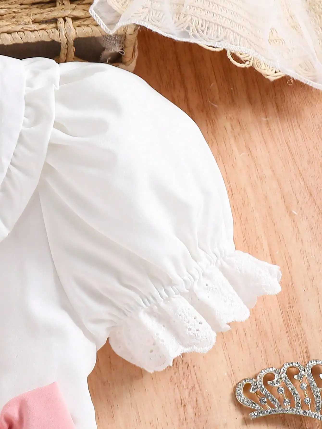 Girls 4-7Y White Princess Dress with Bow Puff Sleeves Elegant Party Dress for Birthday/Photo Spring Summer R250707