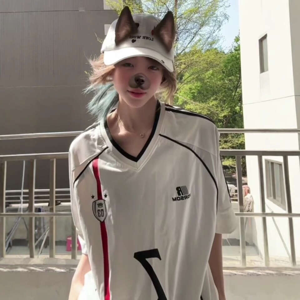 Pure Cotton American Style Sports V-Neck Short Sleeve T-Shirt Women Summer New Loose Oversize Patchwork Color Block Top For Couples B5