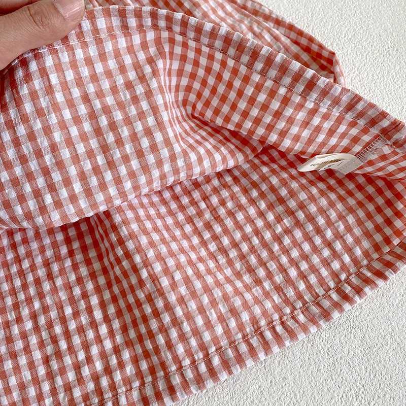 2-6Yrs Summer Girl Draped Dress Children Dress Pink Plaid Turn-Down Collar Kids Clothes Embroidery Toddler Baby Girls Clothing R250707
