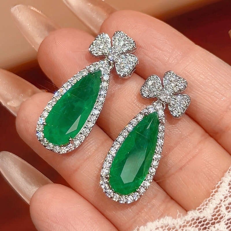 New Jewelry Set Earrings Necklace Pink Zircon Paraiba Emerald Water Drop Shape Women's Fashion Light A54