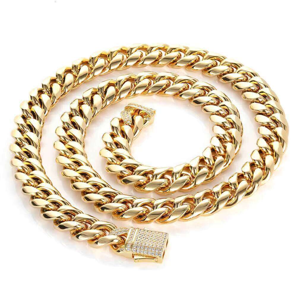 Unisex 10mm Cuban Link Necklace Micro Pave CZ Dia Clasp Stainless Steel Chain Gold Plated Jewelry for Men and Women's Gift