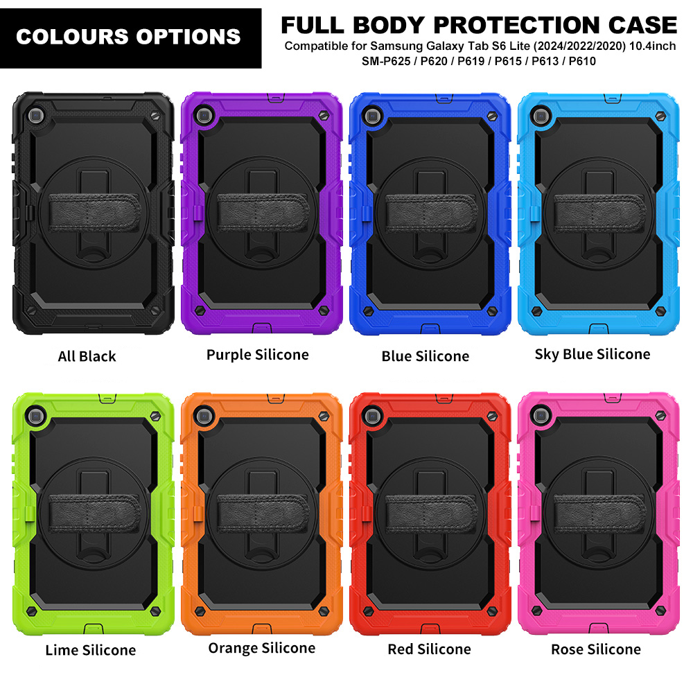 For Samsung Galaxy Tab S6 Lite 10.4 inch Case 360 Rotation Hand Strap Stand Armor Cover Durable Rugged Shockproof kids Safe Tablet Cases + Screen Prot