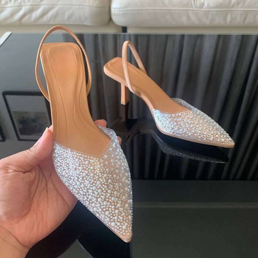 2025 NEW Fashion Summer Women Pearl Decoration Sgback Pumps Pointed Toe High Heels Sandals Elegant Woman Shoes