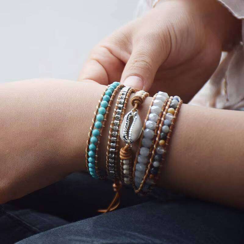 Stone Alloy Genuine Leather Unisex Cuff Rope Bead 5-Pack Adjustable Shell Bracelet