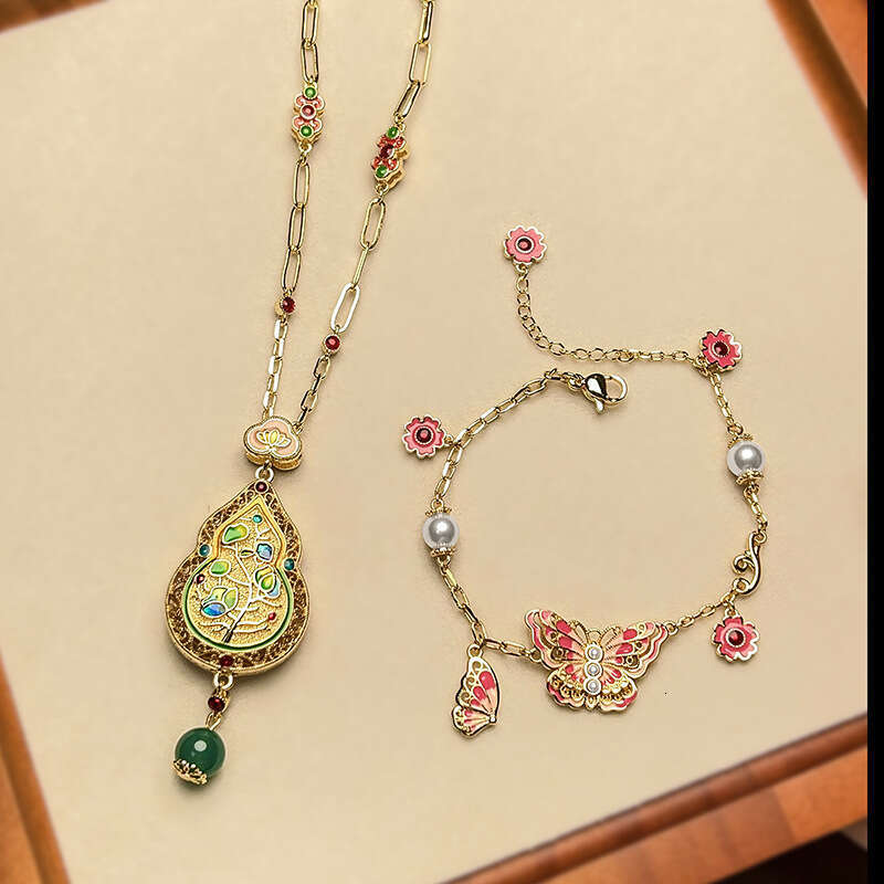 New Set Necklace Water Drop Bracelet Butterfly Shape Enamel Craft Chinese Style Fashion Women's Jewelry 511