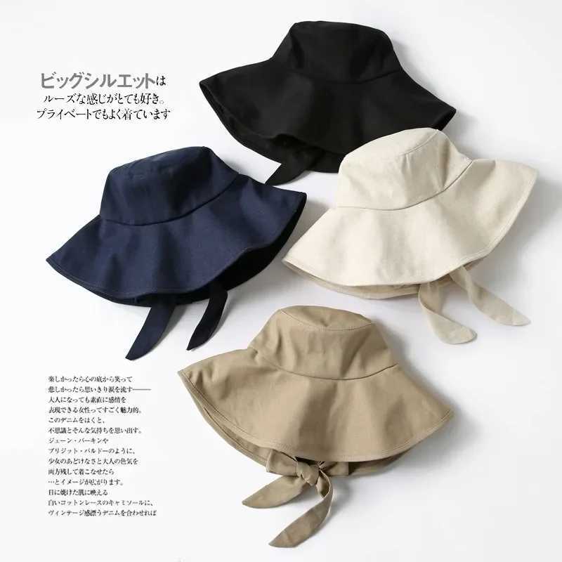 Summer Spring Japan Tie Bucket Hat Women Korean Big Brim Fisherman Hat Foldable Sunscreen Chic Cotton Linen Beach Sun Hat Y250707