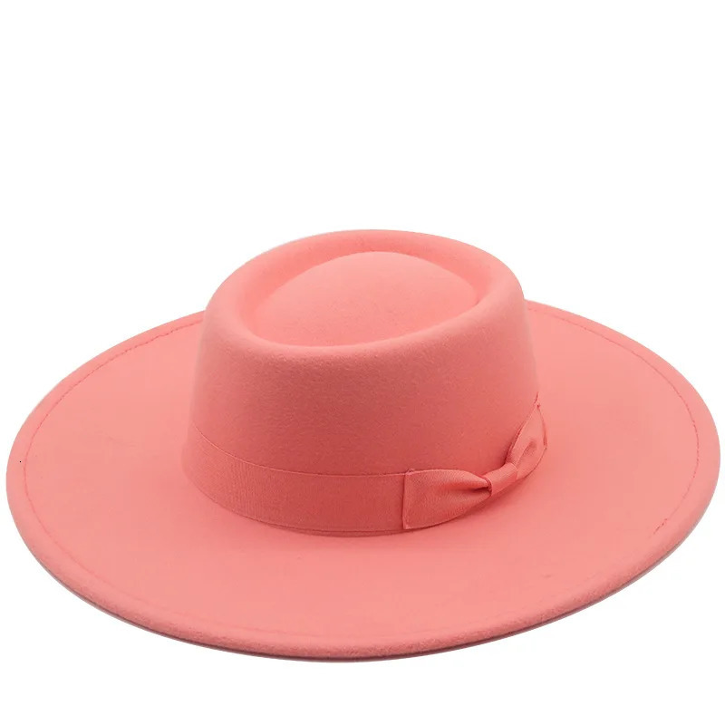 95 cm Wide Brim Plain Black Flat Top Hat Boater Women Wool Fedora Felt Hats with Bowknot Vintage Church Wedding Panama Hat 250707