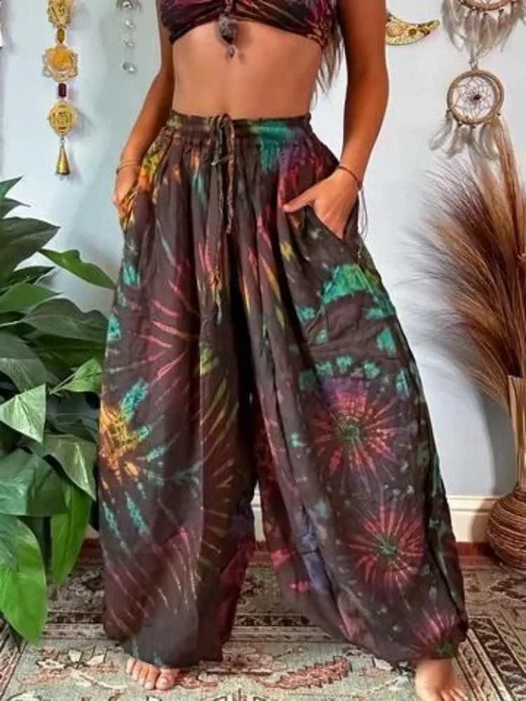 Plus Size 1XL5XL Women Fashion Tie Dye Comfort Wide Leg Pants Female Casual Vacation High Waisted Loose Long Trousers 250628