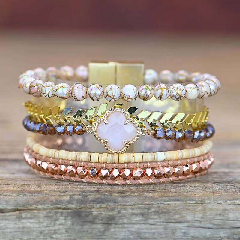 bohemian Handmade Rose Quartz Healing Plum Blossom Shape Natural Stone 5 Layer Bracelet