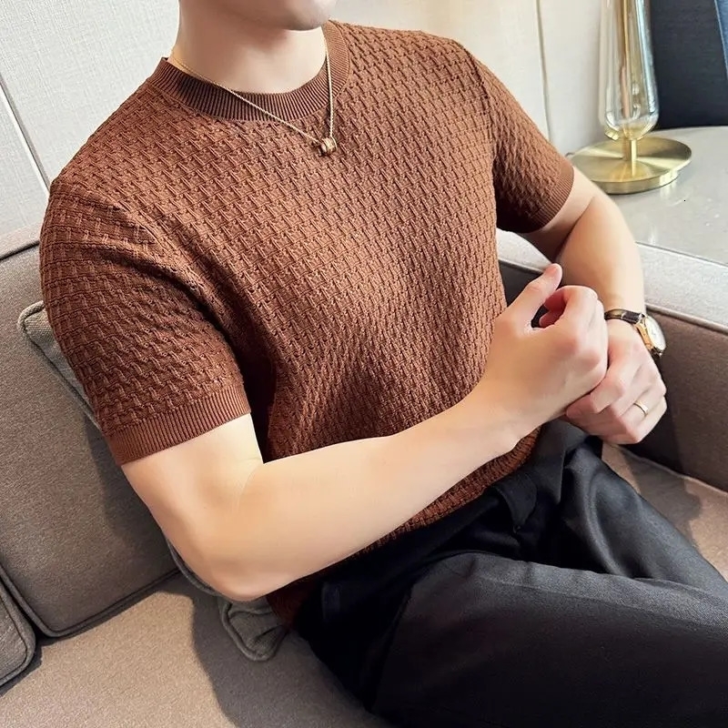 Korean Breathable Hollow Knitted Round Neck Short-sleeved T-shirt for Mens Summer Thin Casual Slim Fit Trendy T-shirt 250617
