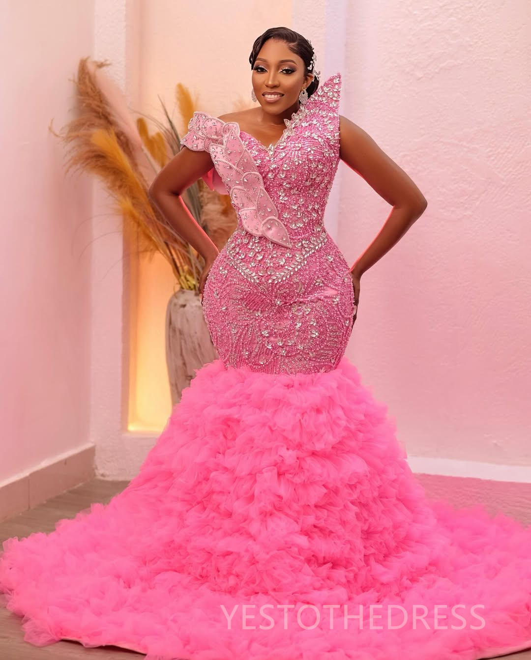 2025 African Plus Size Pink Aso Ebi Prom Dress African Mermaid Prom Dresses Evening Formal Gowns One Shoulder Beaded Lace Birthday Dress Second Recept