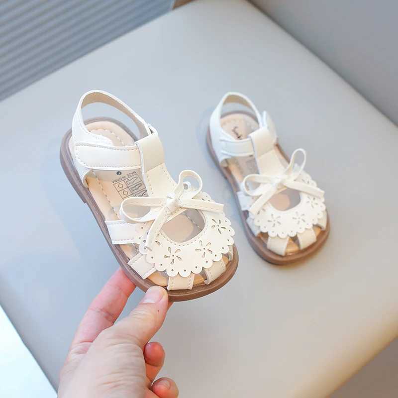 Summer Girls Sandals Hollow-out Cover Toe Floral Kids Sliders Beige Pink Sweet Pu Leather Toddler Hook-loop Children Slippers R250707