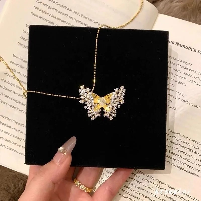 Italian Brushed Full - Diamond Butterfly Necklace, Vintage and Noble Clavicle Chain, Elegant Neck Chain