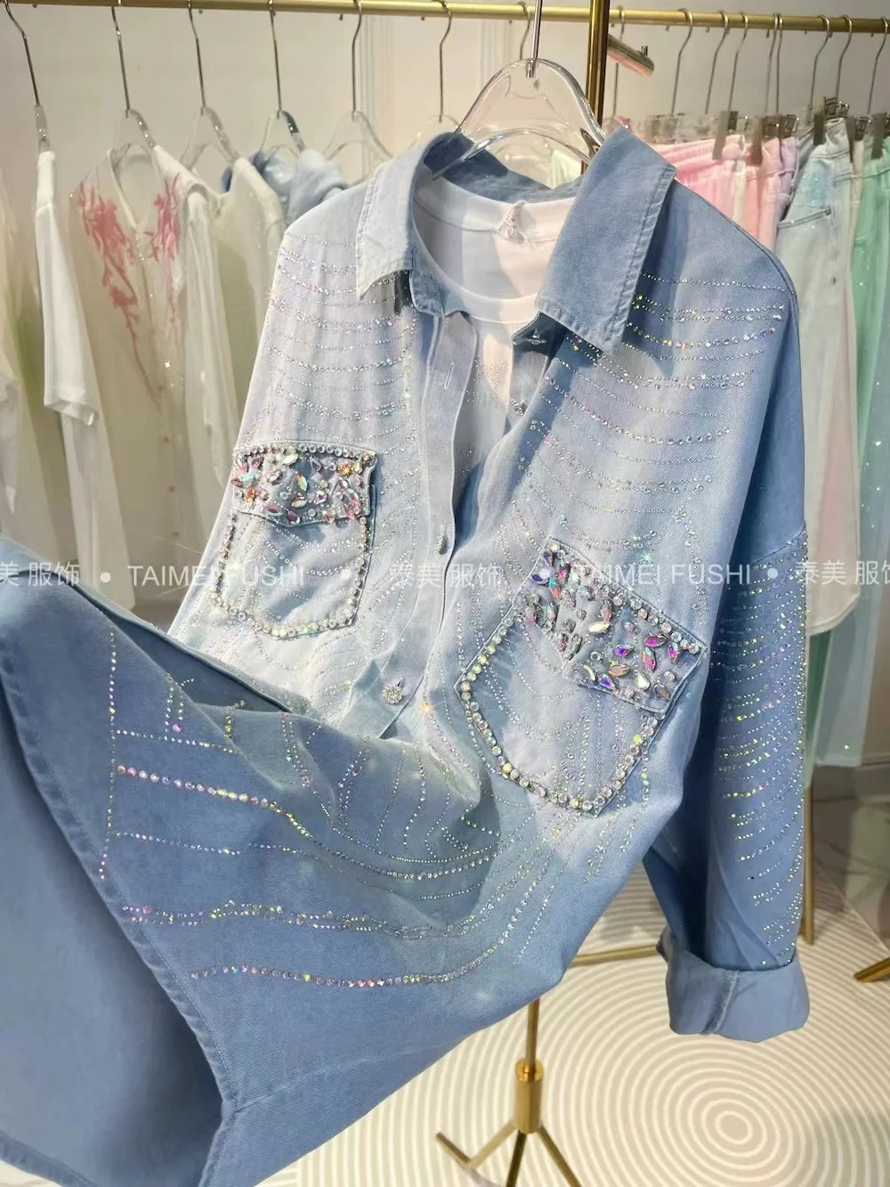 In Autumn Trend Fashionable Drilling Denim Coat Womens Loose Casual Jeans Jacket Woman Clothes 250703