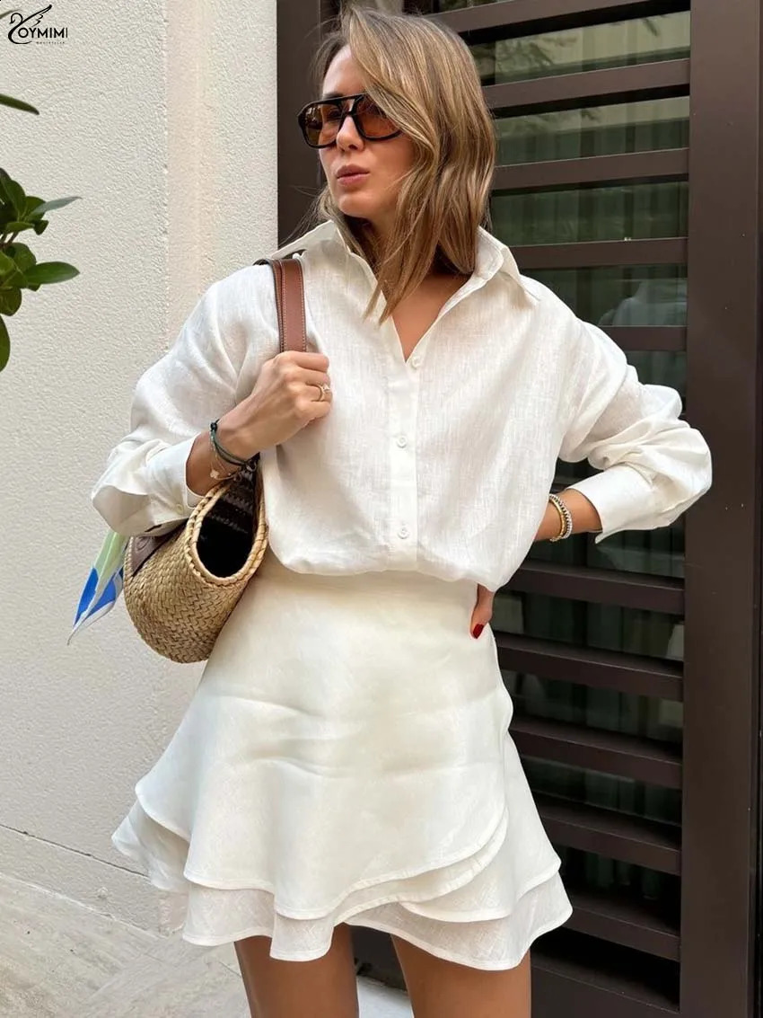 Oymimi Elegant Beige Cotton Two Piece Set For Woman Fashion Long Sleeve Button Shirts And High Waist Lace-Up Mini Skirts Sets 250703