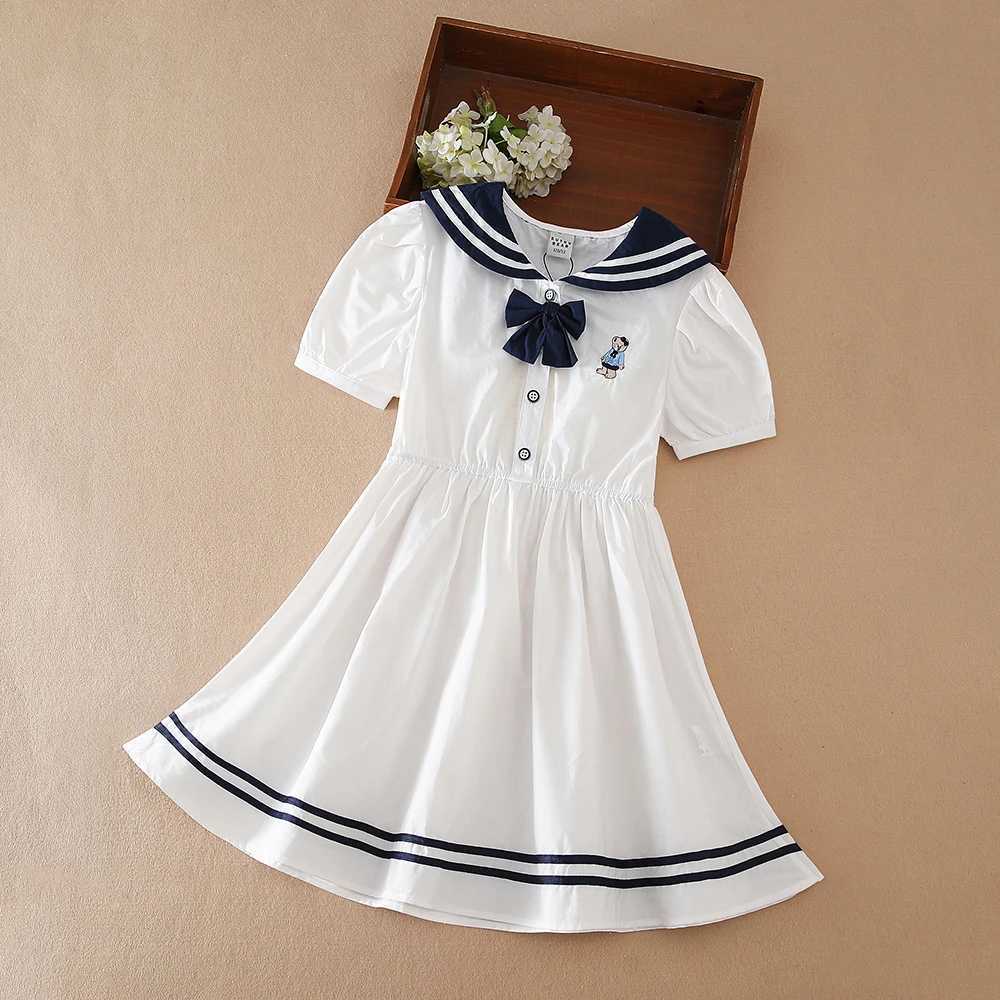 100% Cotton White Sailor Back to School Dress for Girls Suitable for 5-12 Years Old Girls Short Sleeve Summer Dresses R250707