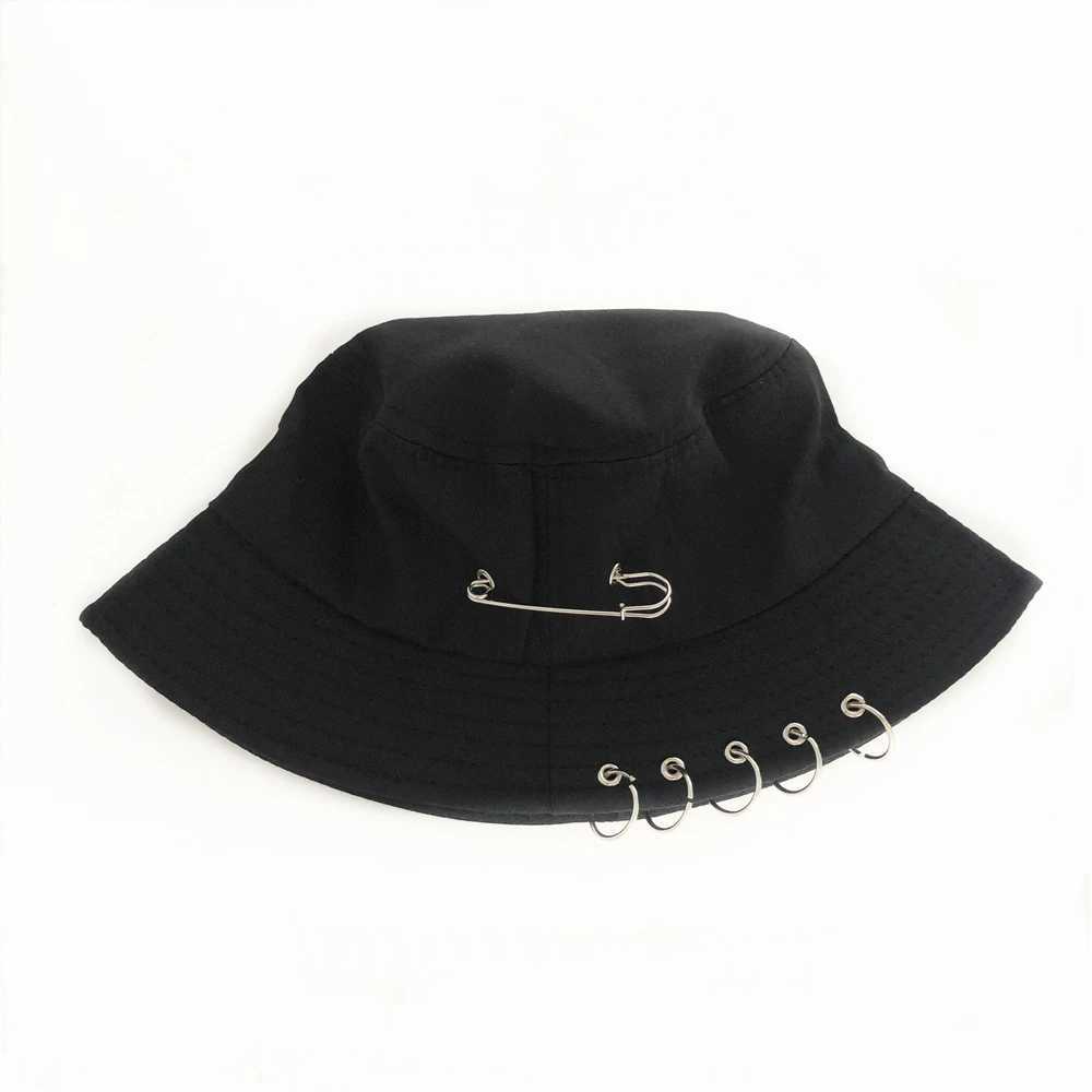 XaYbZc Solid Color Iron Pin Rings Personality Bucket Hat For Unisex Women Men Cotton Fishermen Cap Factory Sells Directly Y250707