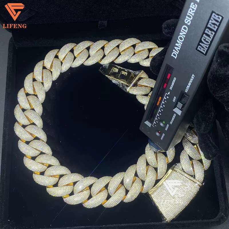 New Fashion 925 Silver Moissanite Diamond Necklace 25mm Ice Bubble Chain Gold Plated Cuban Link Alloy for Men for Hip-hop