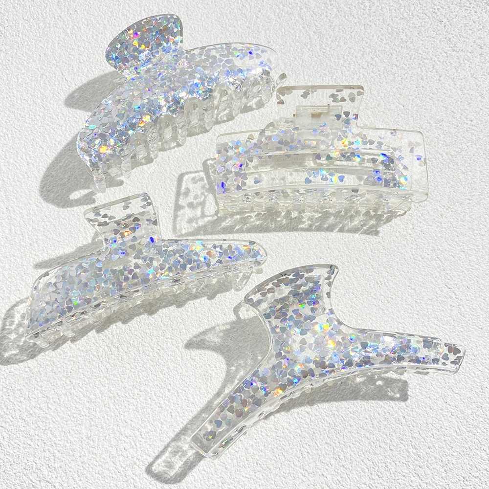 Oversize Colorful Sequin Shark Hair Claw Clip For Women Elegant Transparent Geometric Headwear Hairpin Hair Accessories Gift Z250707