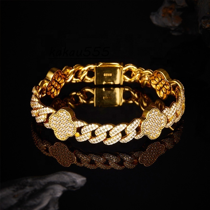 Mens 925 Silver 8MM Moissanite Double Row Cuban Link Bracelet Hip-Hop Style with Inlaid Stones Fashionable Bangles