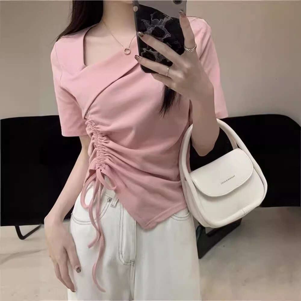 New Korean Style Sweet Elegant Design Sense Niche Irregular Drawstring Unique V-Neck Short Sleeve T-Shirt Top For Women B5