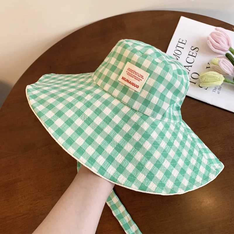Plaid Wide Edge Strap Bucket Hat Womens Large Brim Showing Face Small Versatile Sun Hats Sun Protection Hat Basin Hat Y250707