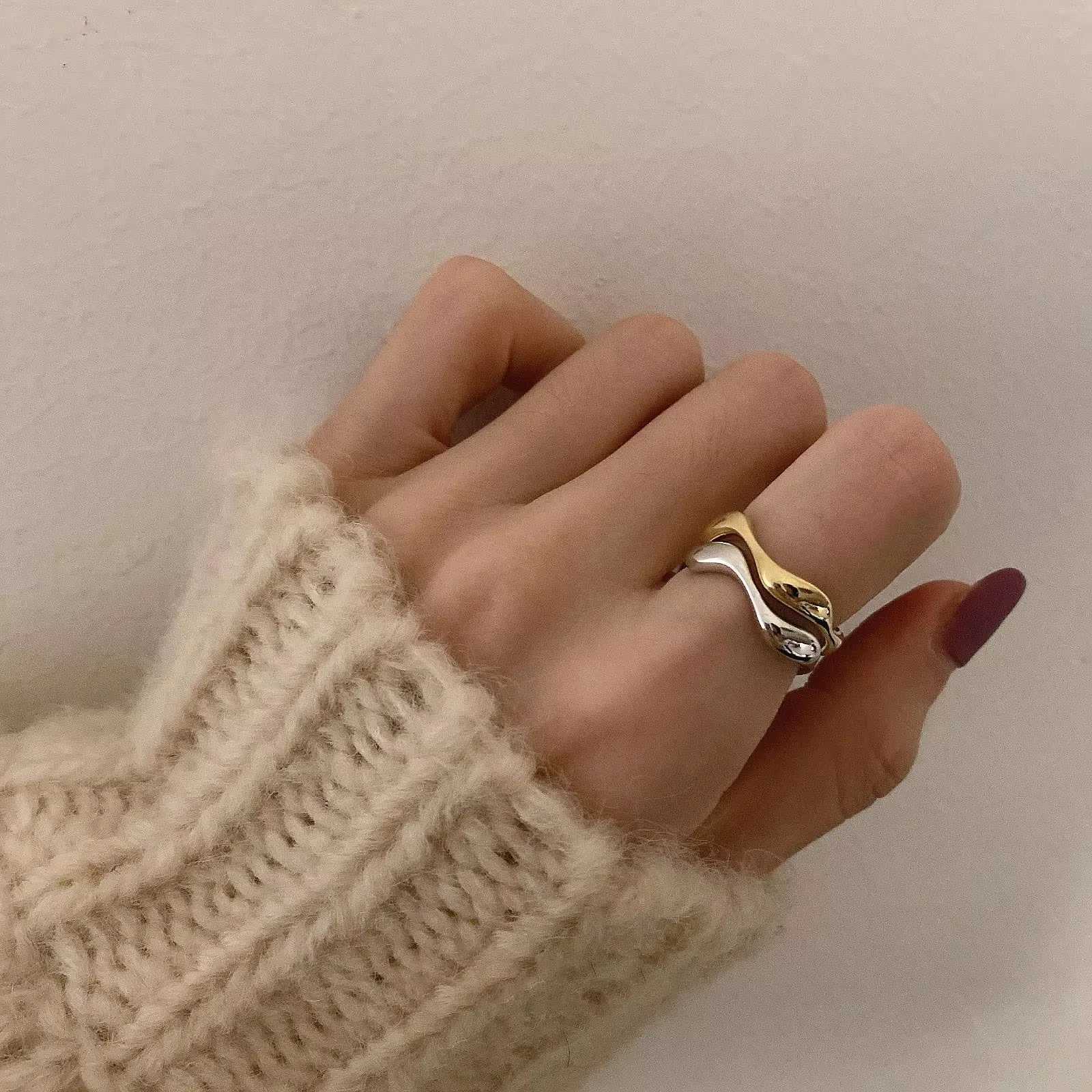 VENTFILLE 925 Sterling Silver Irregular Design Wave Golden Stackable Finger Rings Trendy Adjustable For Women Gifts Dropshipping XJ250707