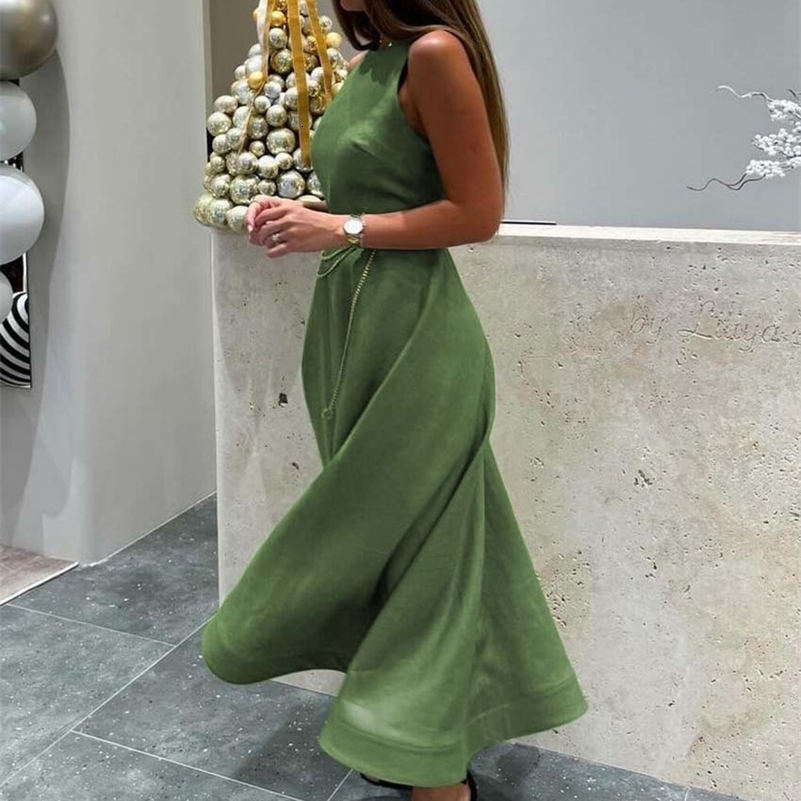 Oymimi Elegant Green Cotton Womens Dress Fashion O-Neck Sleeveless Dresses Casual High Waist A-Line Mid-Calf Dresses Female 250703