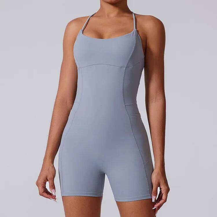 Sexy Hollow Backless Sporty Bodycon Short Jumpsuit with Pocket Women Unitard Gym Romper Sleeveless Yoga Fiess Overalls Black