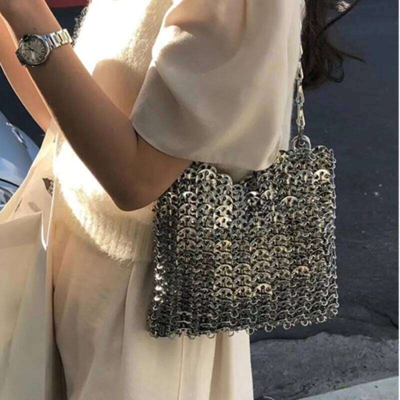 Women Woven Sequins Handbag Metal Chain Evening Hollow Out Purse Clutch Travel Holiday Shoulder Crossbody Bag