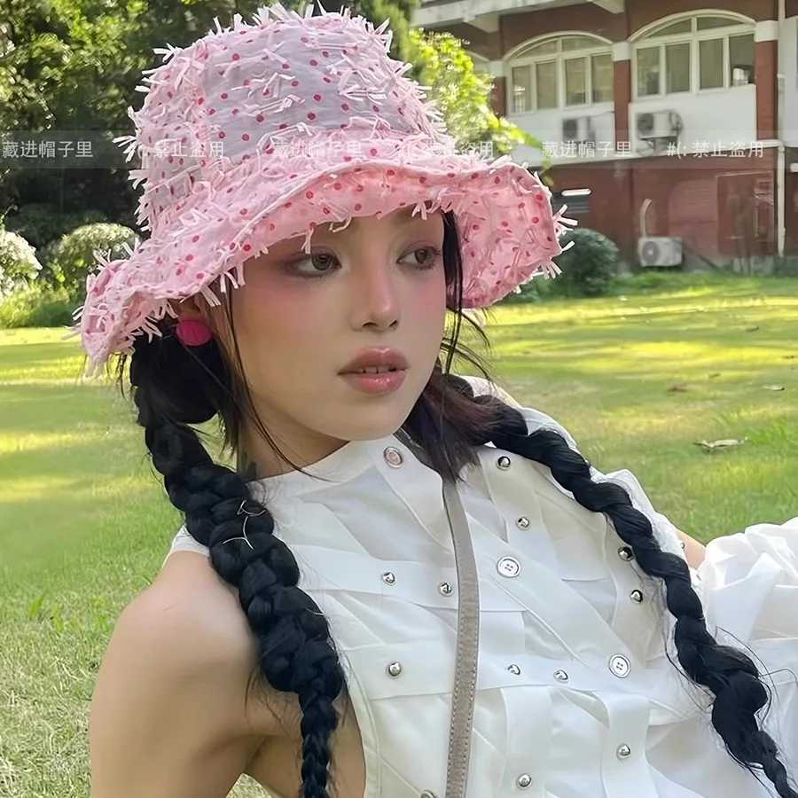 Niche Pink Polka Dot Mesh Bucket Hat Womens Spring and Summer Thin Sunscreen Sun Hat Korean Sweet Washbasin Hat Y250707