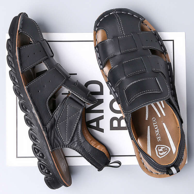 2024 Summer Leather Sandals Soft Sole Non-Slip Youth Men's Beach Shoes Outdoor Driving