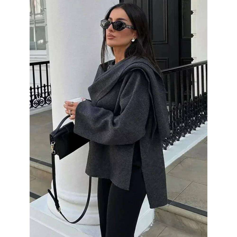 ZBZA Women's Asymmetric Scarf Knitted Jacket O-neck Single Button Side Slit Solid Loose Coat Winter New Female Chic Outerwear